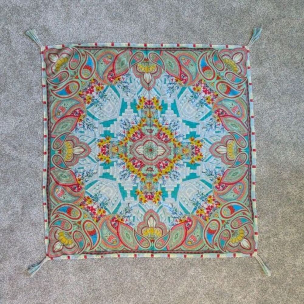 Johnny Was 100% Silk Mandala Scarf 42.5" - Multicolor Paisley Tassel Wrap